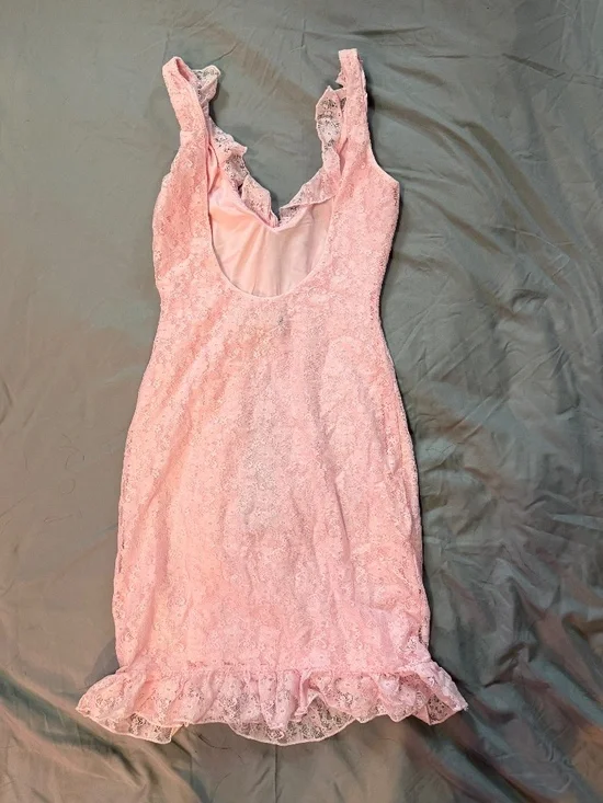 Take A Bow Lace Mini Dress - Baby Pink - Picture 6 of 6